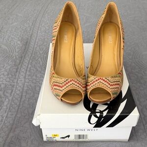 Nine West Multicolor Woven Peep-Toe Heels in Tan, Red, Green